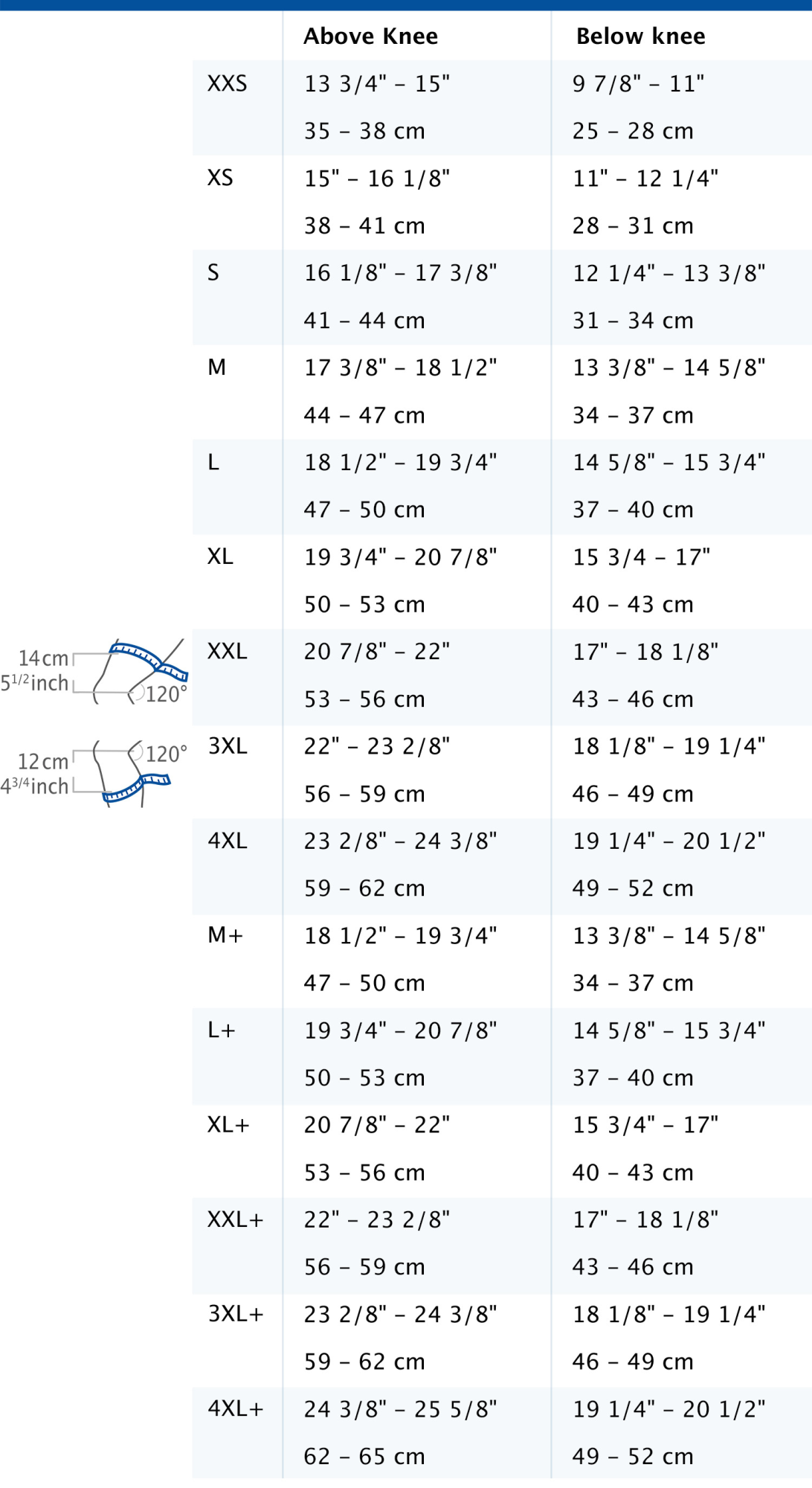 Size chart showing measurements for Actimove Professional Line GenuMotion Knee Support
 Size chart showing measurements for Actimove Professional Line GenuMotion Knee Support